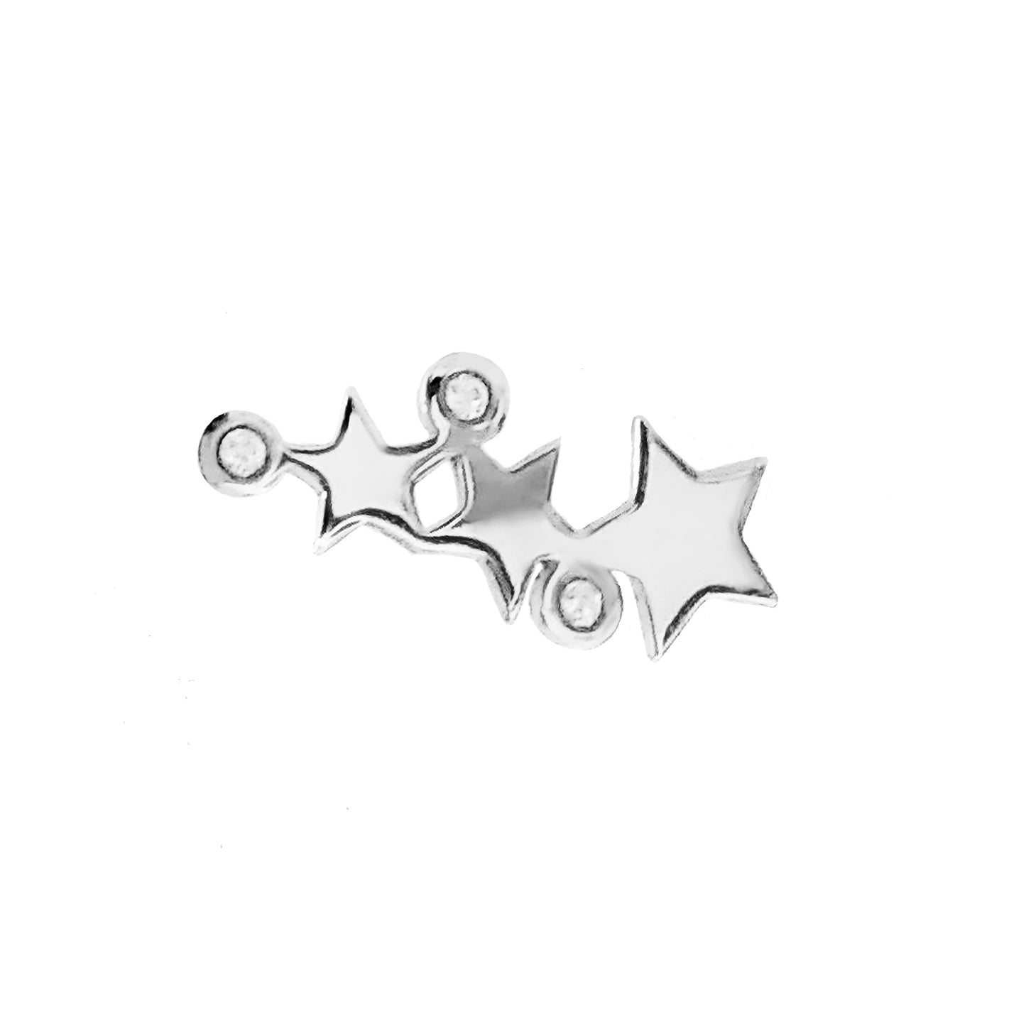single solid white gold triple star climber earring with three tiny diamonds for left ear