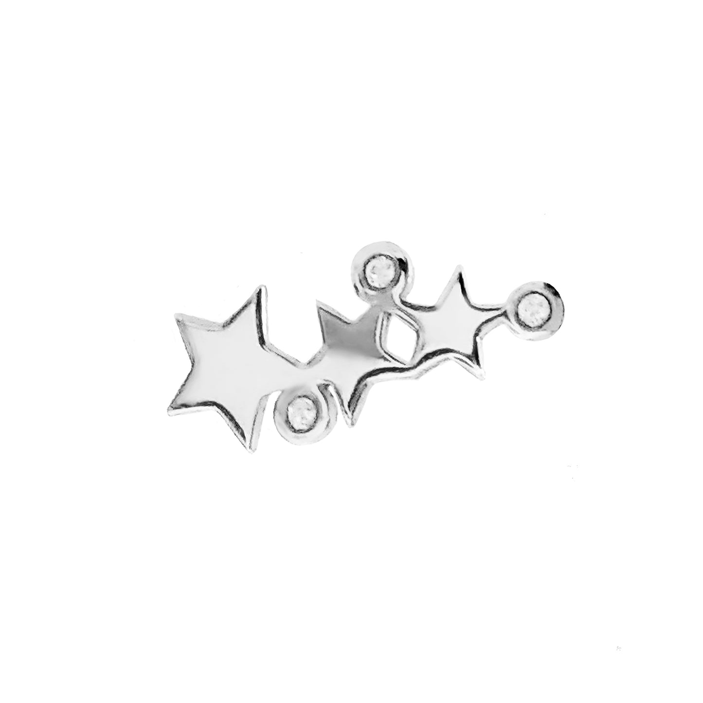 single solid white gold triple star climber earring with three tiny diamonds for right ear