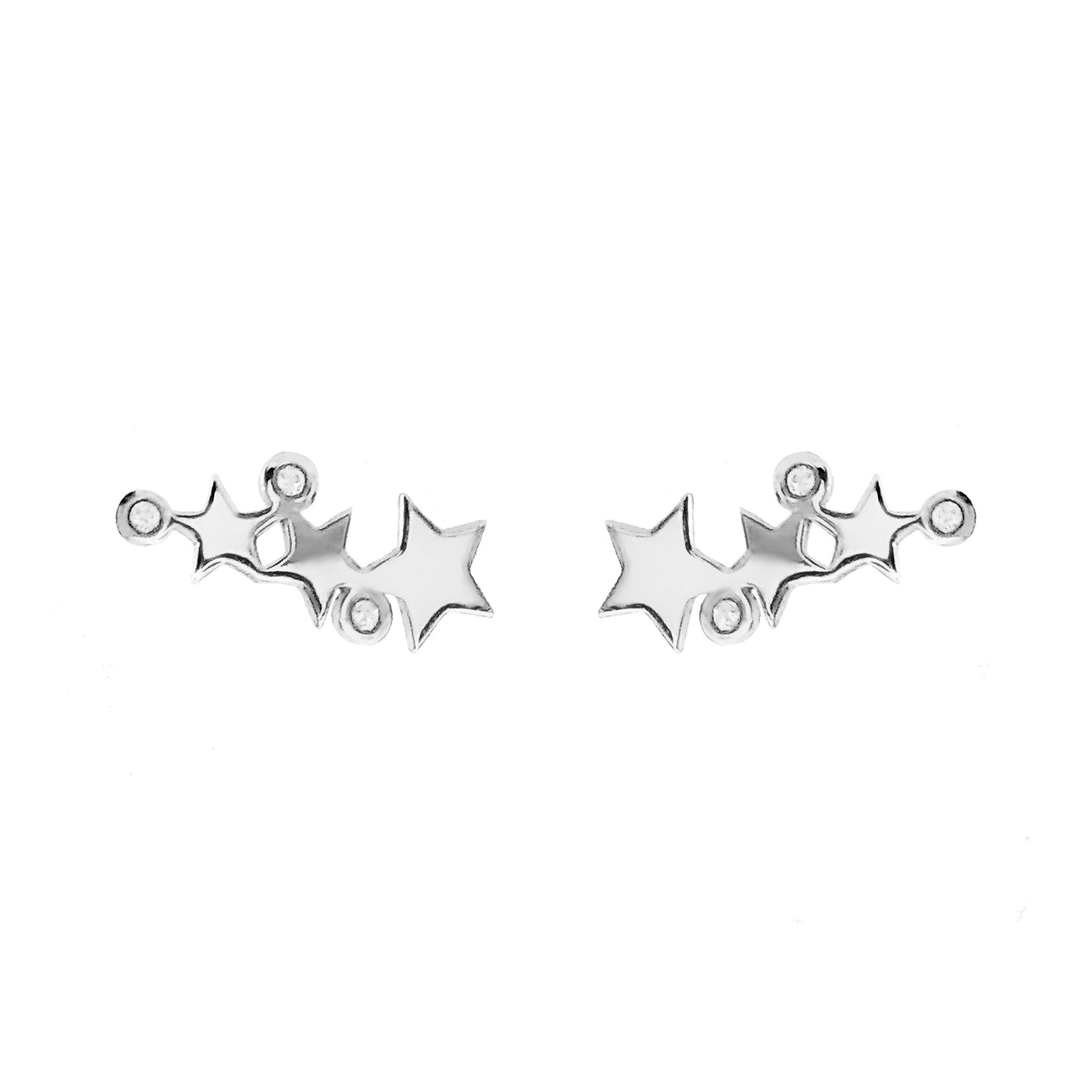 pair of solid white gold triple star climber earrings with three tiny diamonds