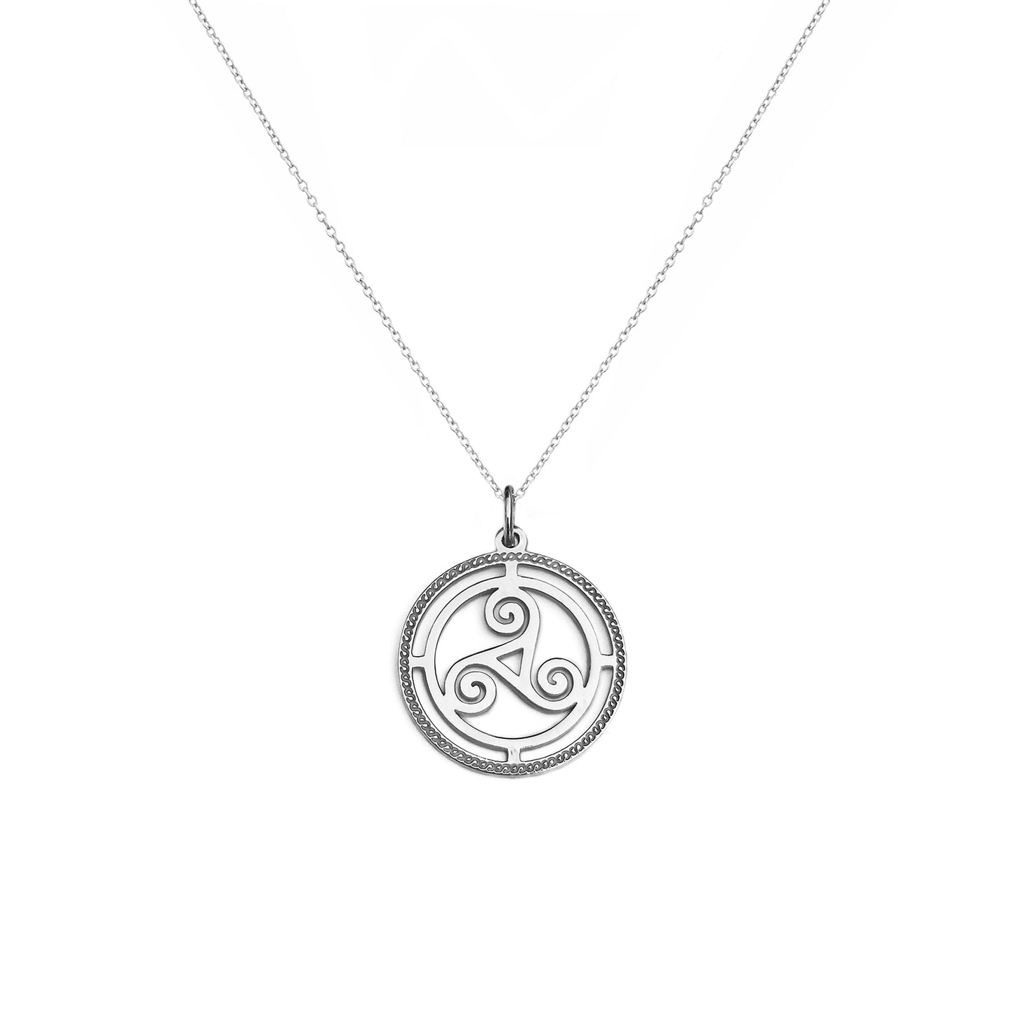 solid white gold necklace with a cutout triskelion celtic knot pendant and an engraved frame