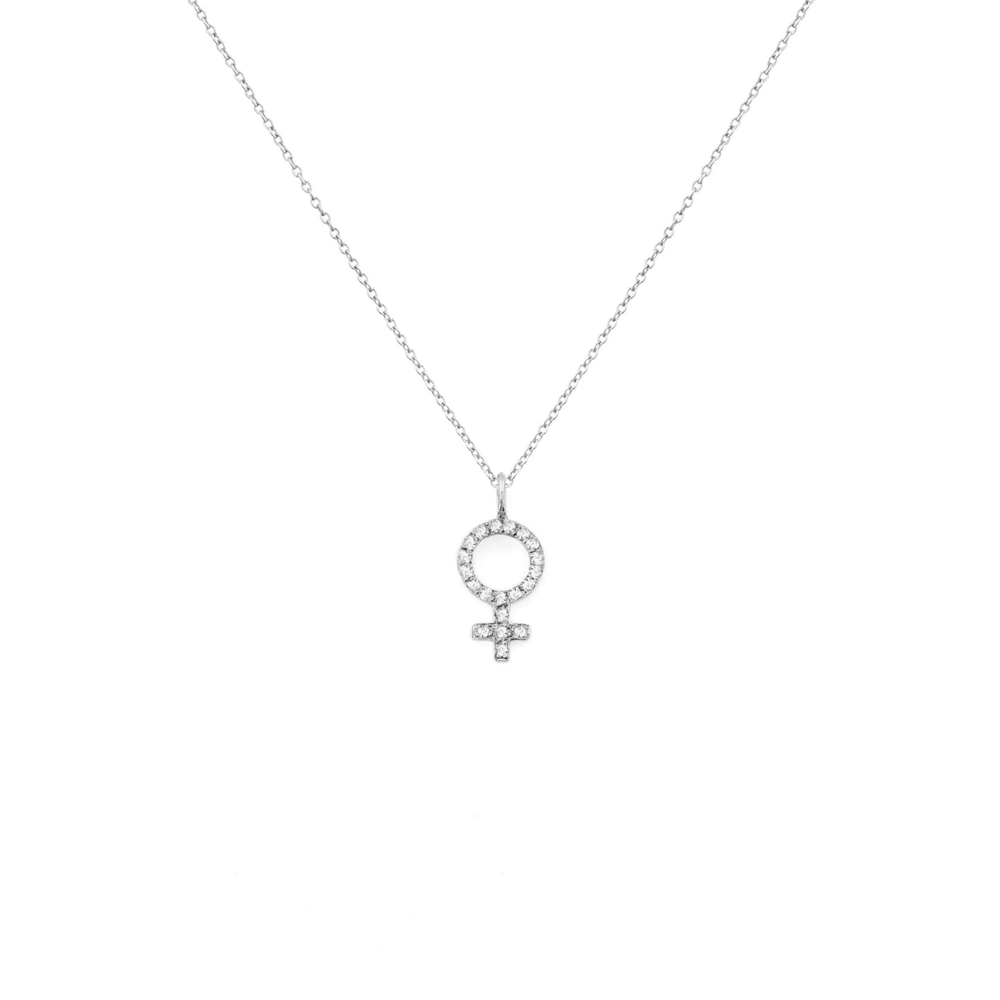 solid white gold necklace with a female venus symbol charm set with white diamonds
