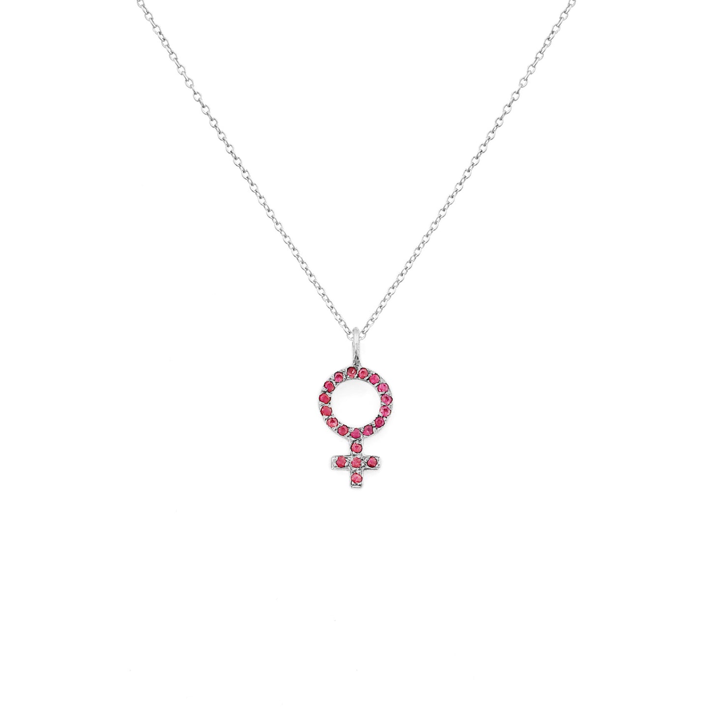 solid white gold necklace with a small venus female symbol pendant set with Rubies