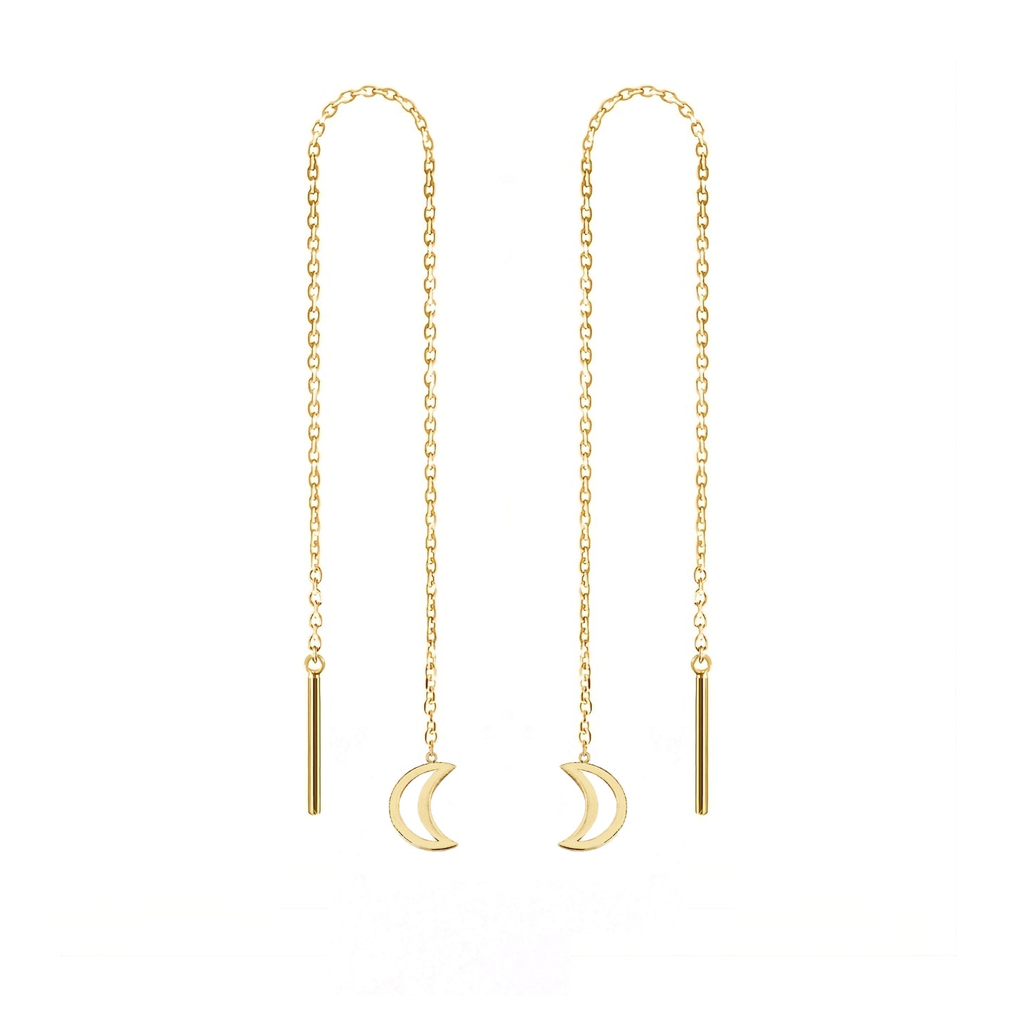 pair of solid yellow gold threader pull through earrings with tiny crescent moons