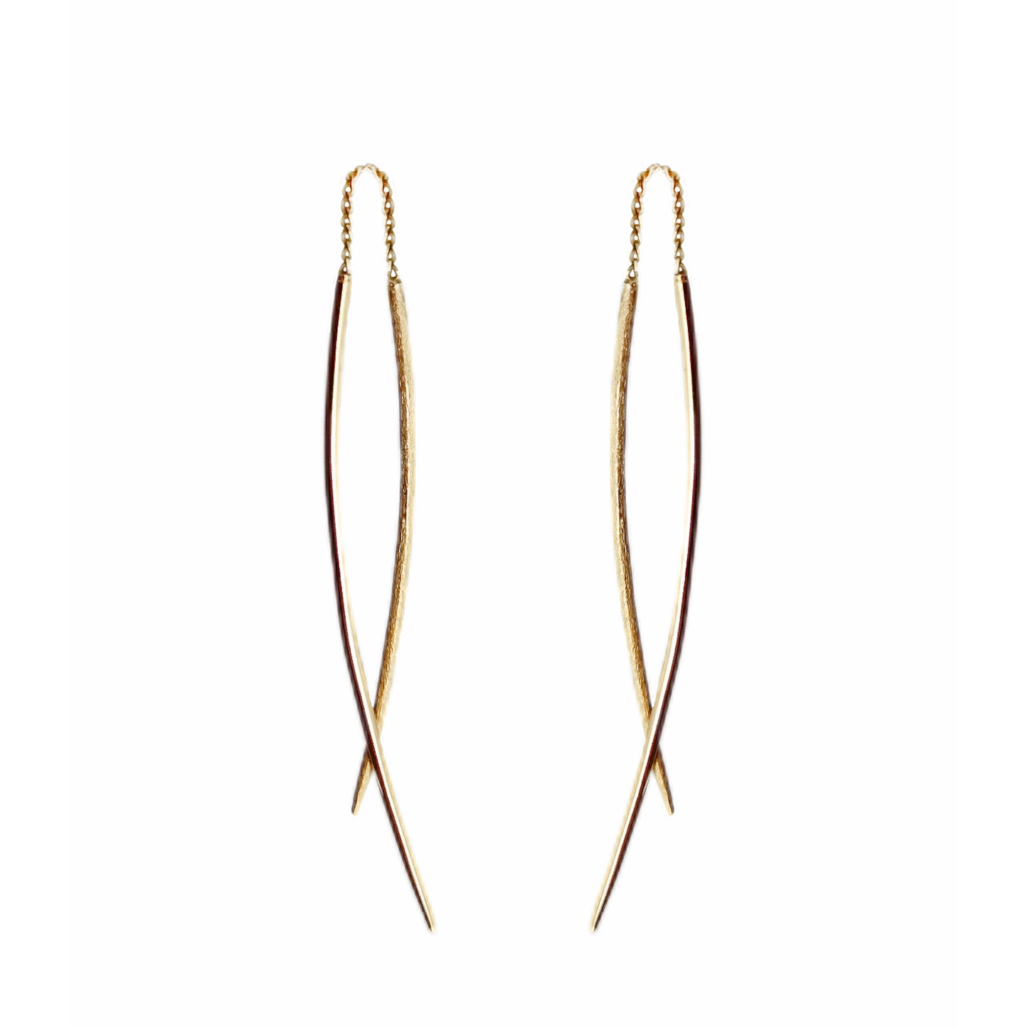 a pair of solid yellow gold swing threader earrings with one matte curved bar and one longer polished curved bar