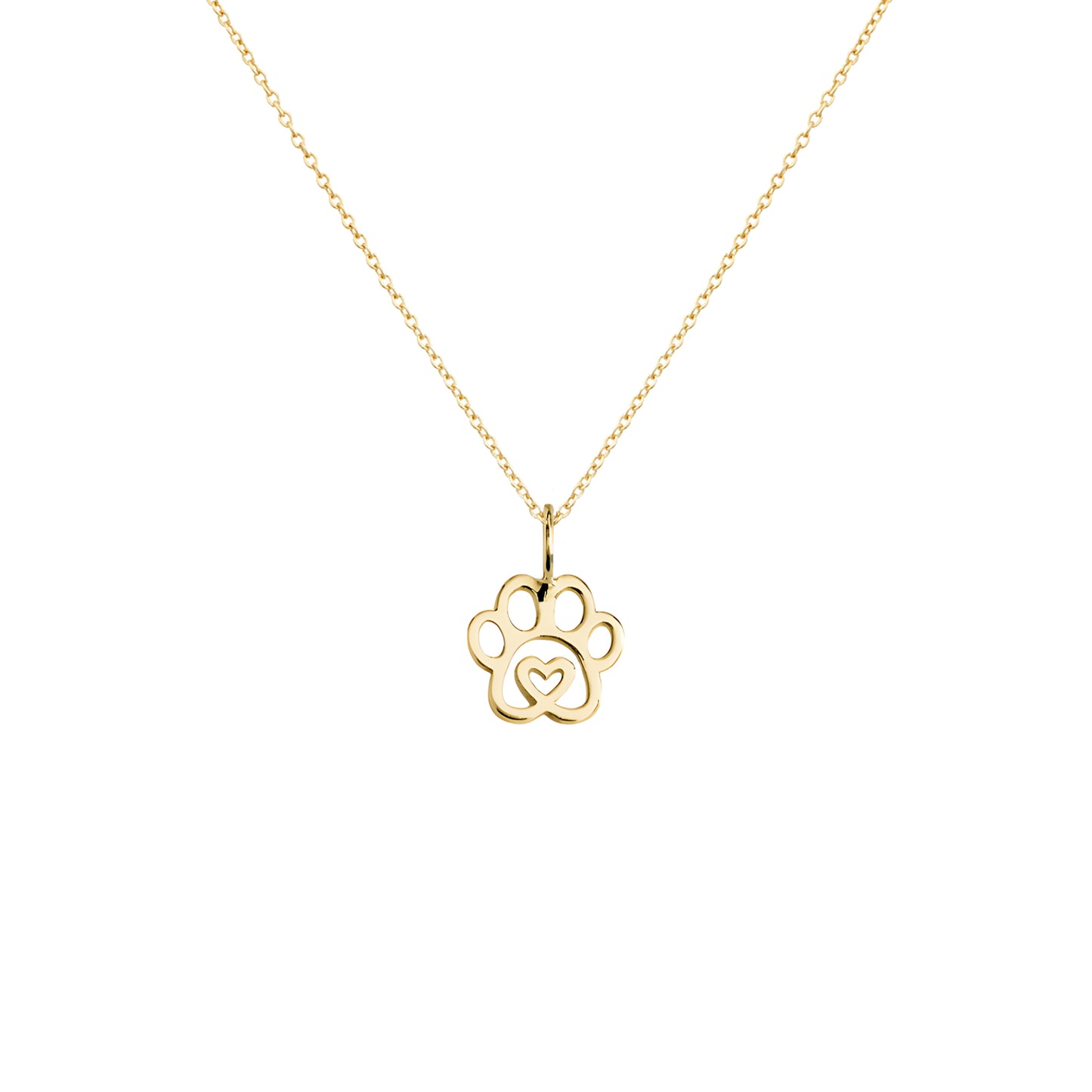 solid yellow gold necklace with a tiny dog paw print pendant with a heart in the center