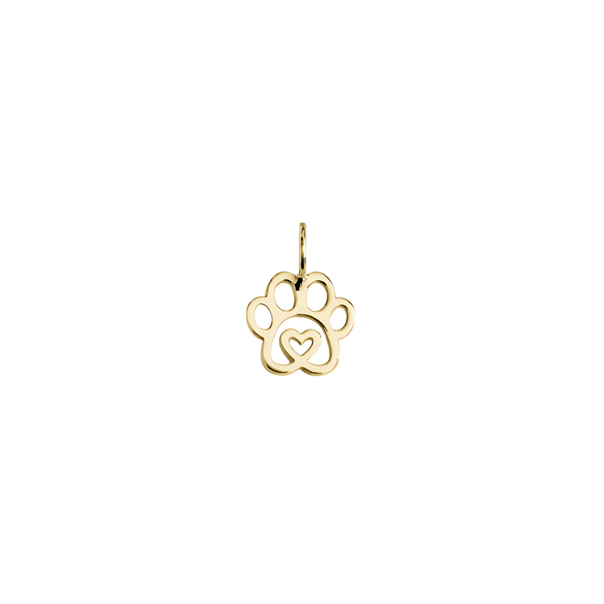 tiny solid yellow gold dog paw print pendant with a heart in the center