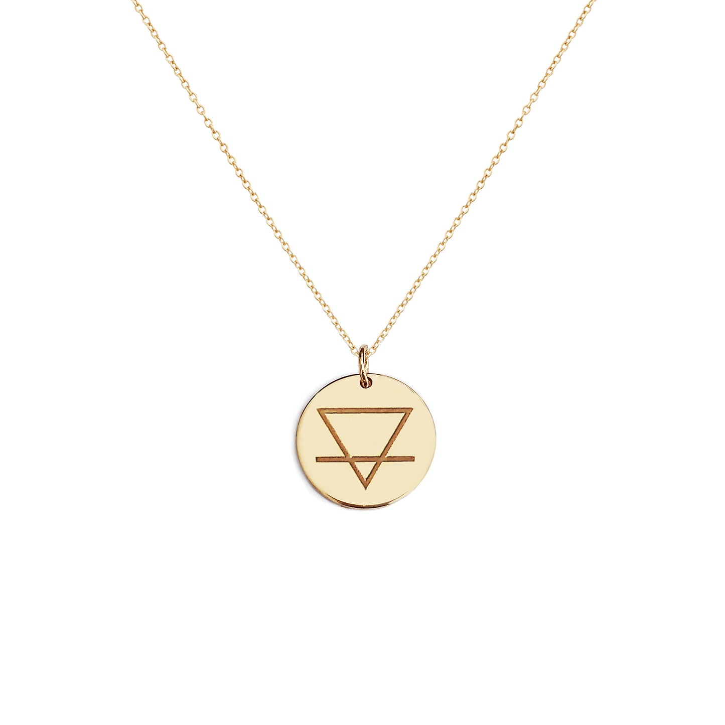 solid yellow gold necklace with a 14mm disc pendant engraved with the earth element