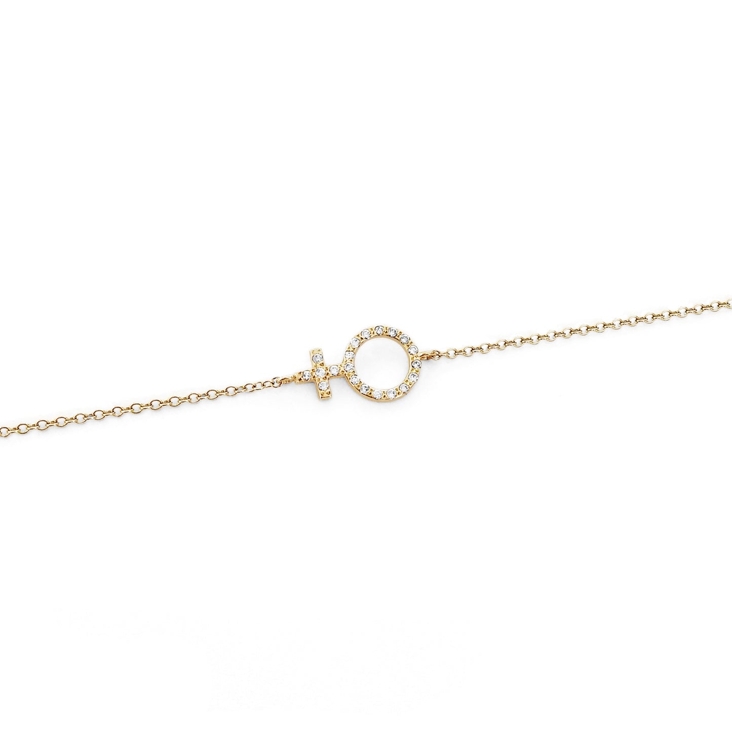 solid yellow gold bracelet with a venus female symbol charm set with tiny diamonds