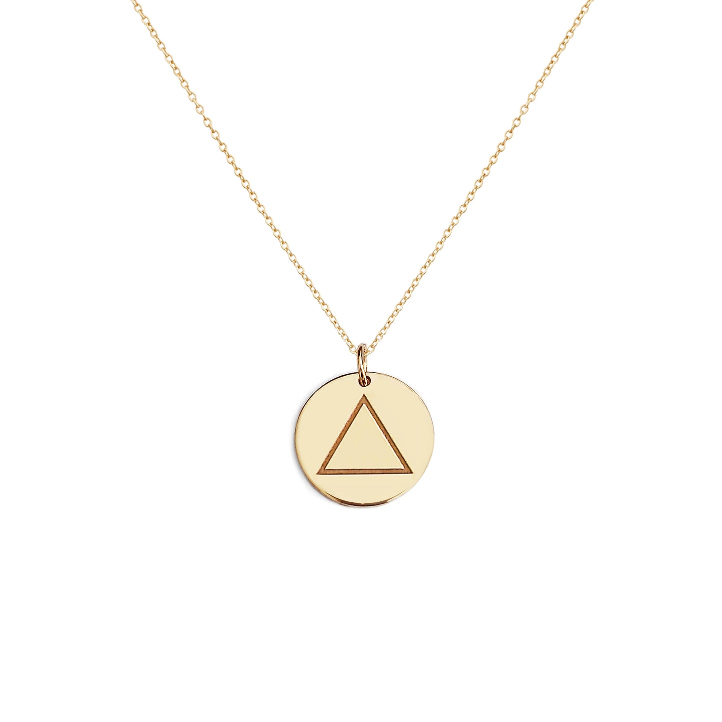 solid yellow gold necklace with a 14mm disc pendant engraved with the fire element