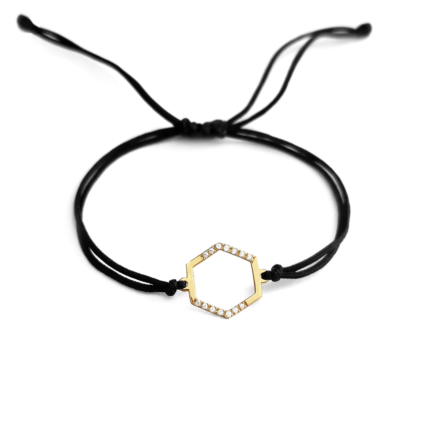solid yellow gold macrame bracelet with a small hexagon charm set with 12 white diamonds