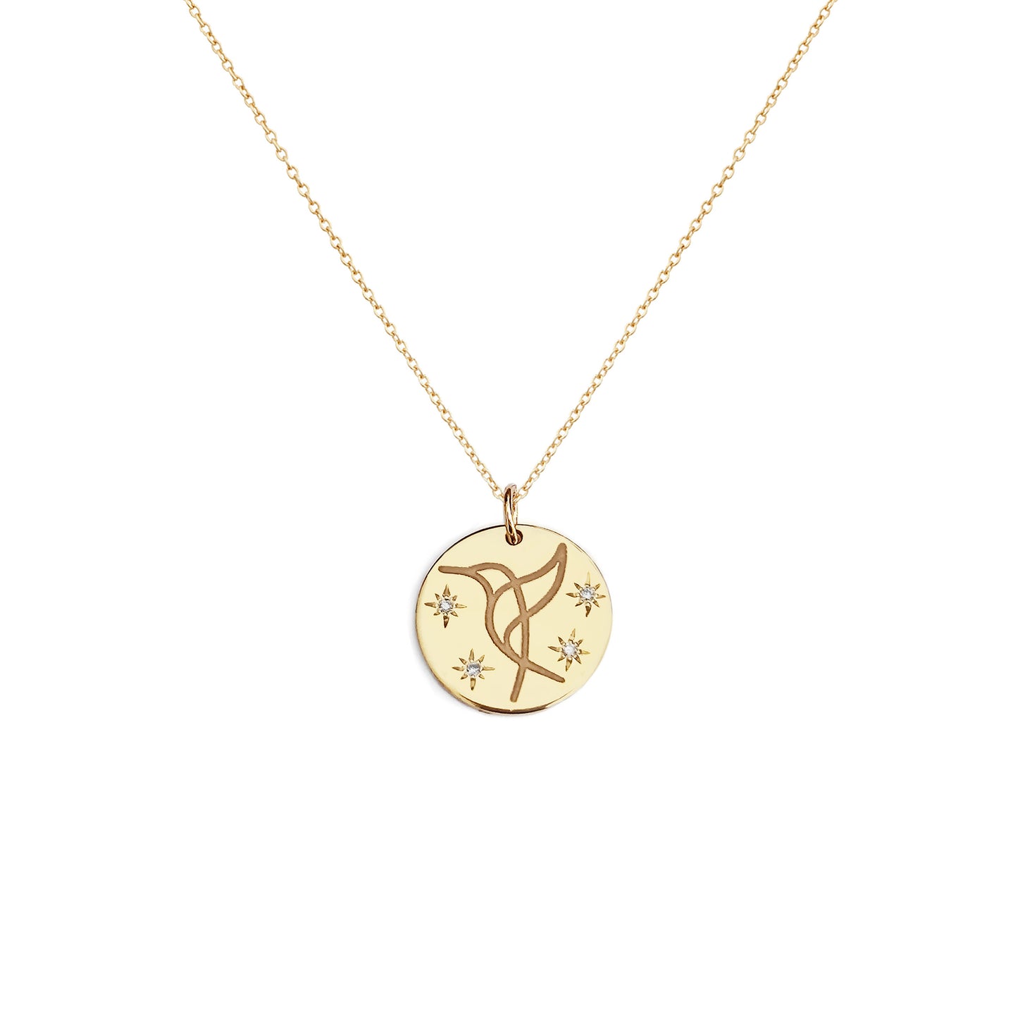 solid yellow gold necklace with 14mm disc pendant engraved with a hummingbird and set with four white diamonds with a star setting