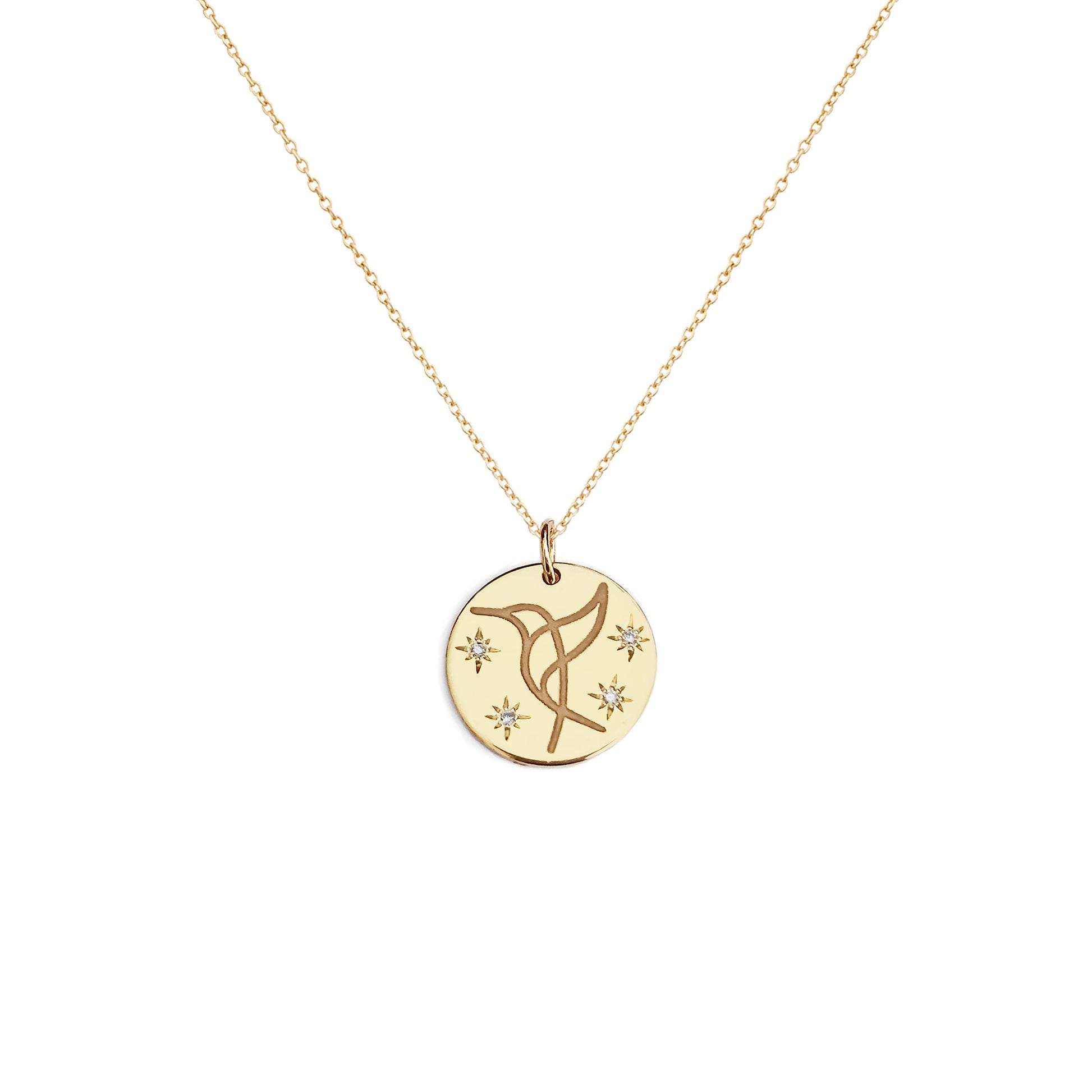 solid yellow gold necklace with 14mm disc pendant engraved with a hummingbird and set with four white diamonds with a star setting