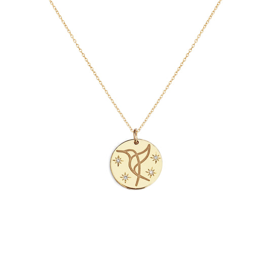 solid yellow gold necklace with 14mm disc pendant engraved with a hummingbird and set with four white diamonds with a star setting