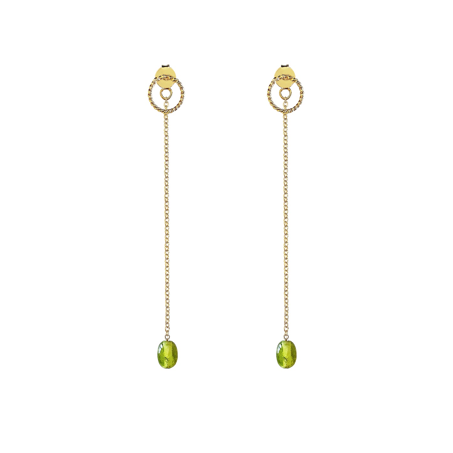 pair of solid yellow gold jacket earrings with a small twisted circle stud on the front and a long chain with a peridot bead at the end dangling on the back