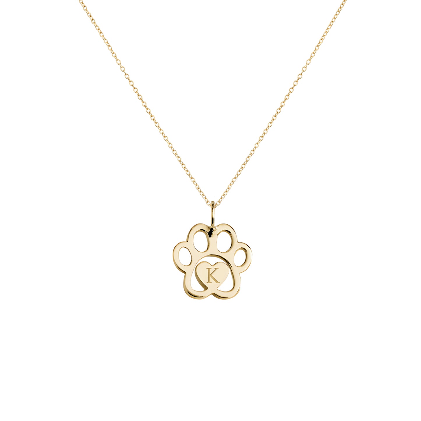 solid yellow gold necklace with a dog paw print pendant engraved with a monogram