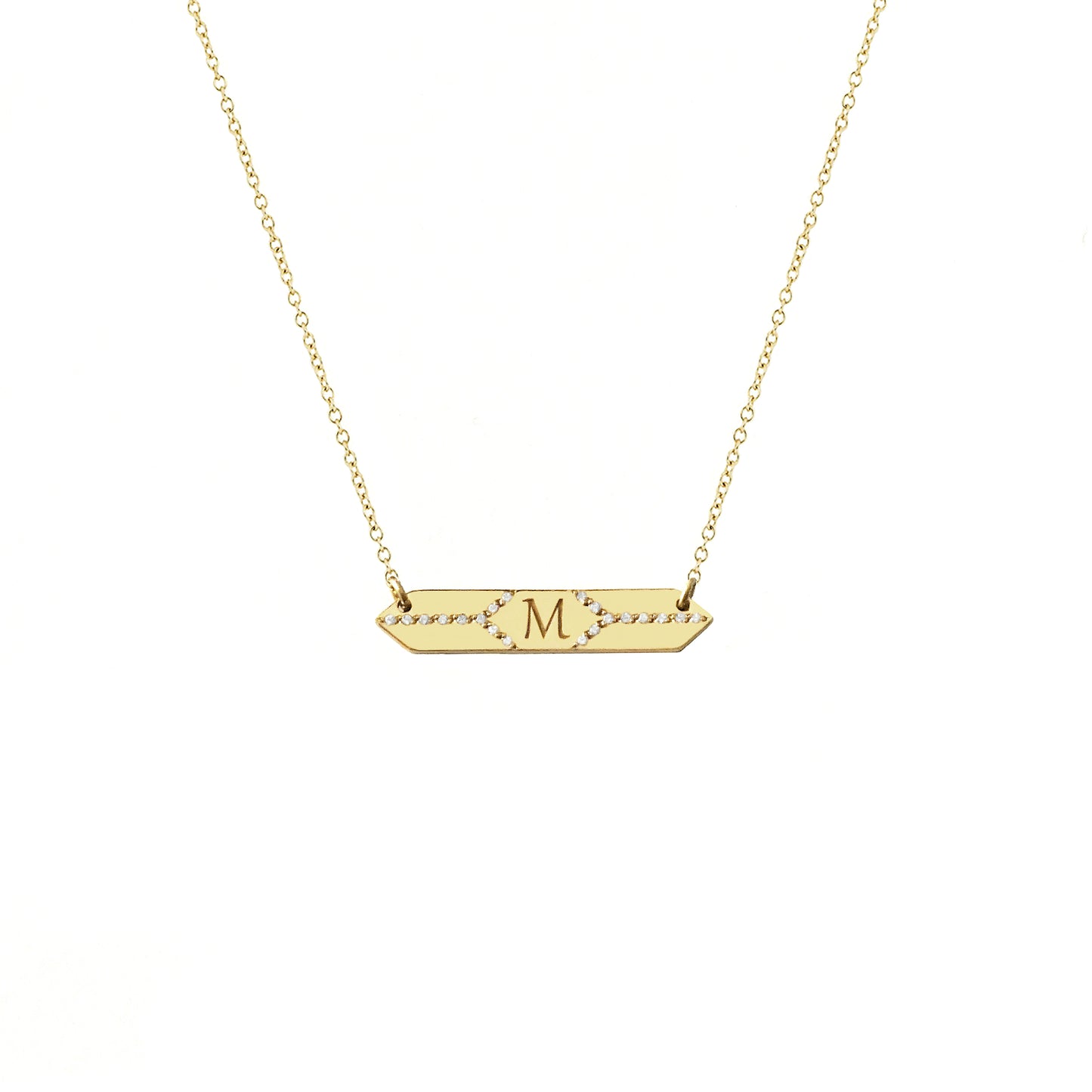 solid yellow gold hexagon bar necklace set with white diamonds and engraved with a custom initial/monogram in the center
