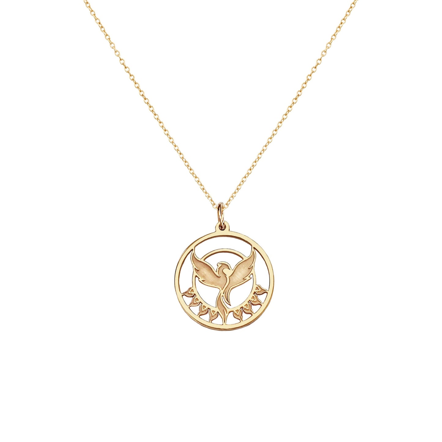 solid yellow gold necklace with a cutout phoenix rising pendant with tiny flames 15.4mm diameter