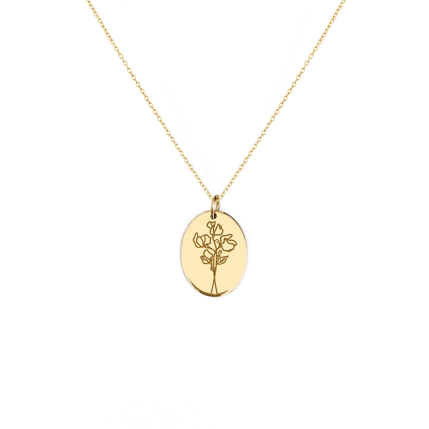solid yellow gold oval pendant necklace engraved with the birth flower of April Sweet Pea