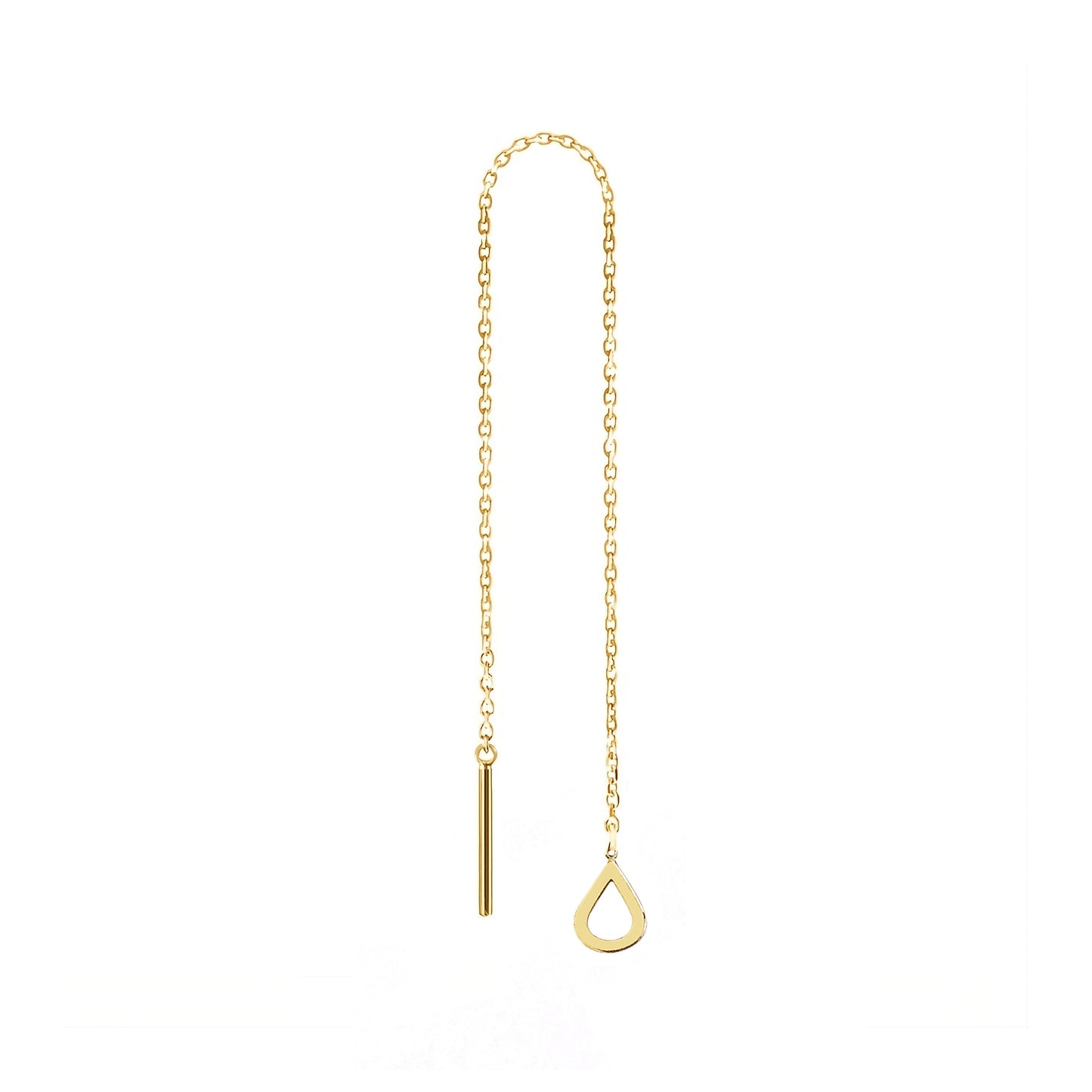 solid yellow gold single threader pull through earring with a tiny teardrop