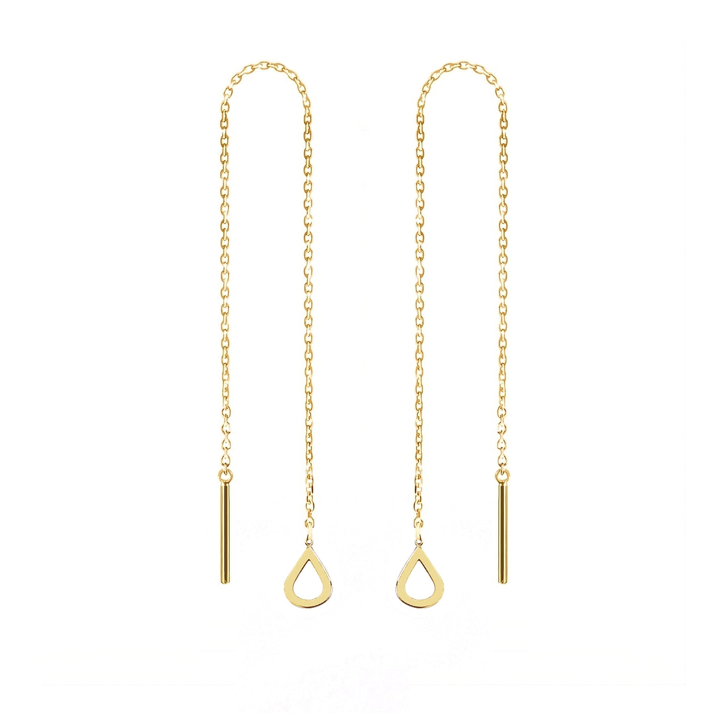 pair of solid yellow gold threader pull through earrings with tiny teardrops