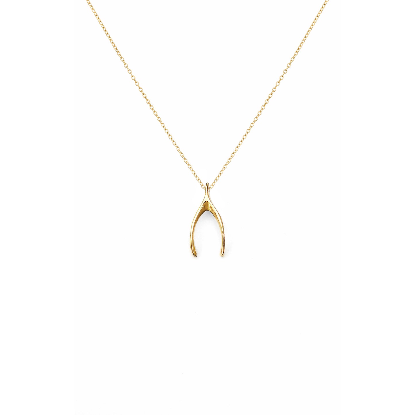 solid yellow gold necklace with a tiny wishbone charm