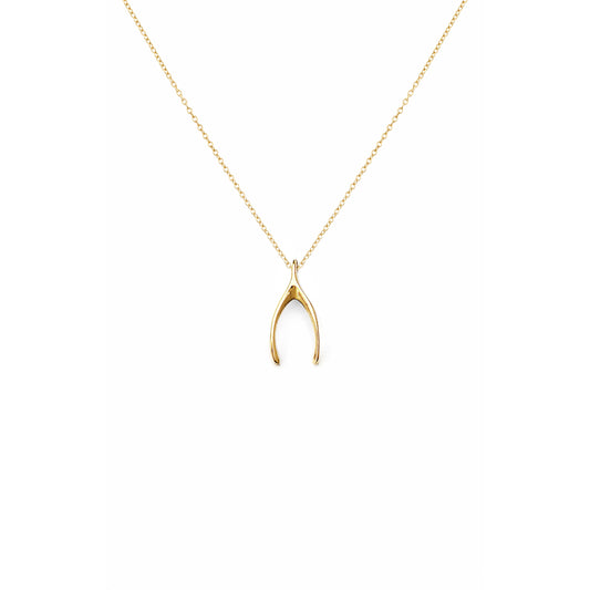 solid yellow gold necklace with a tiny wishbone charm