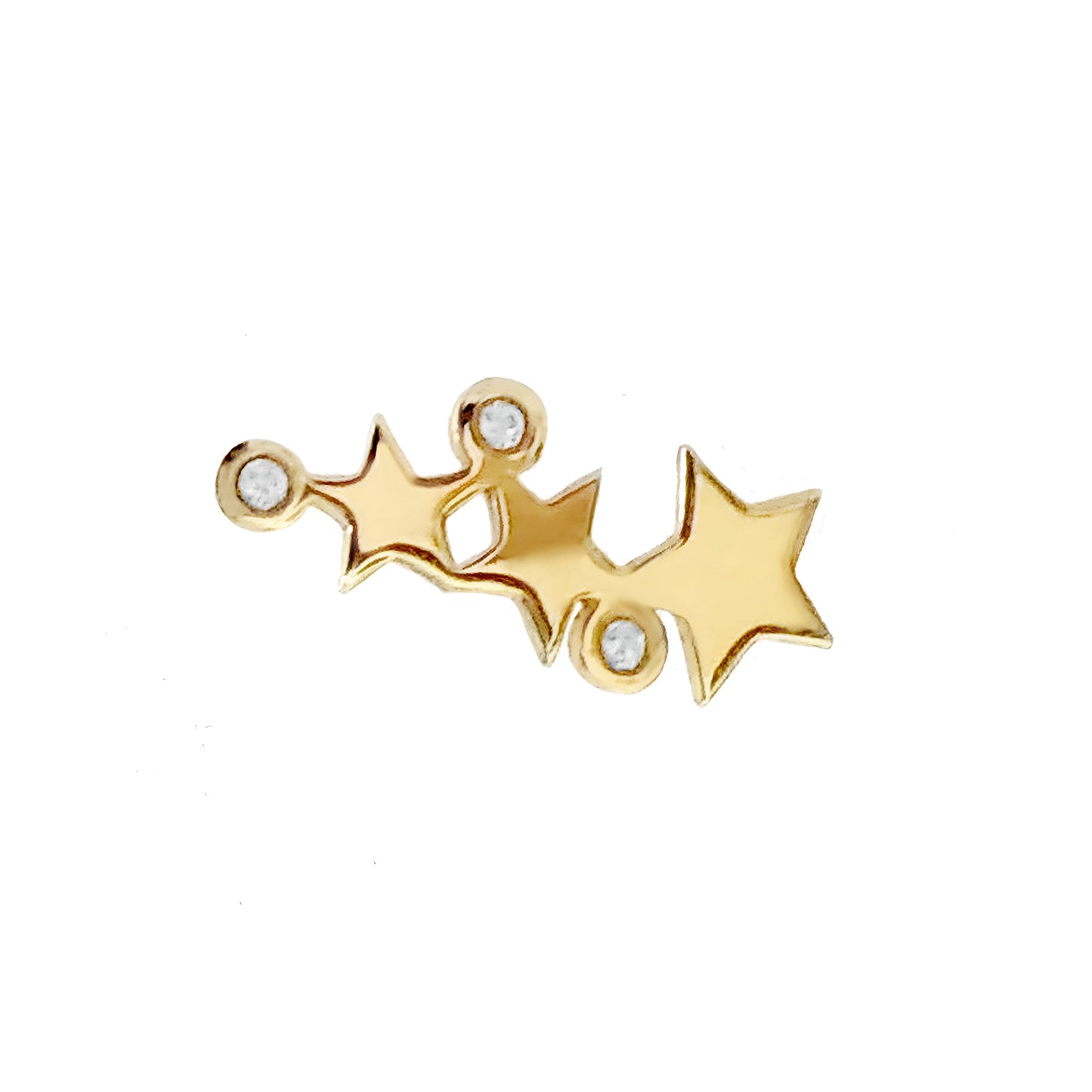 single solid yellow gold triple star climber earring with three tiny diamonds for left ear