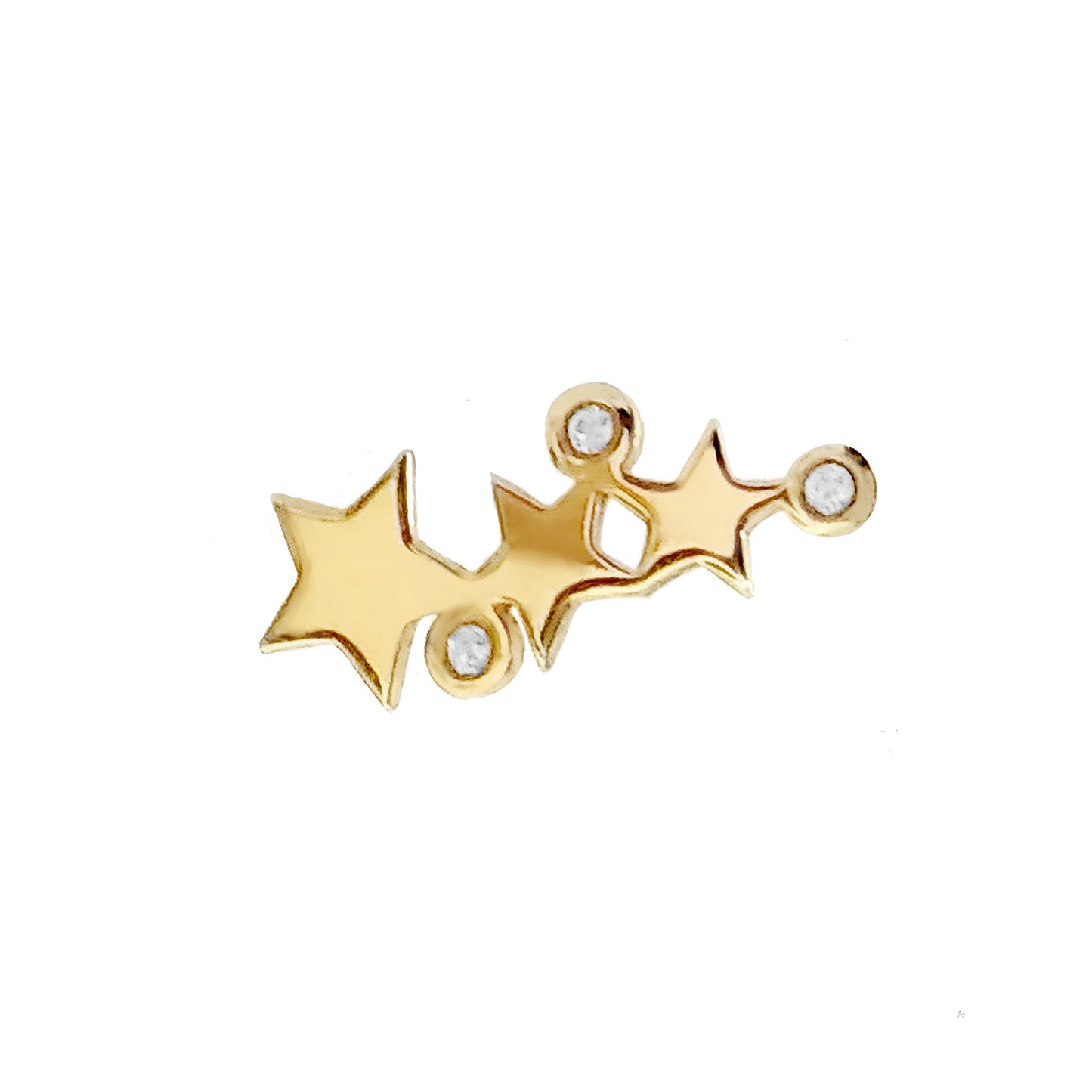 single solid yellow gold triple star climber earring with three tiny diamonds for right ear