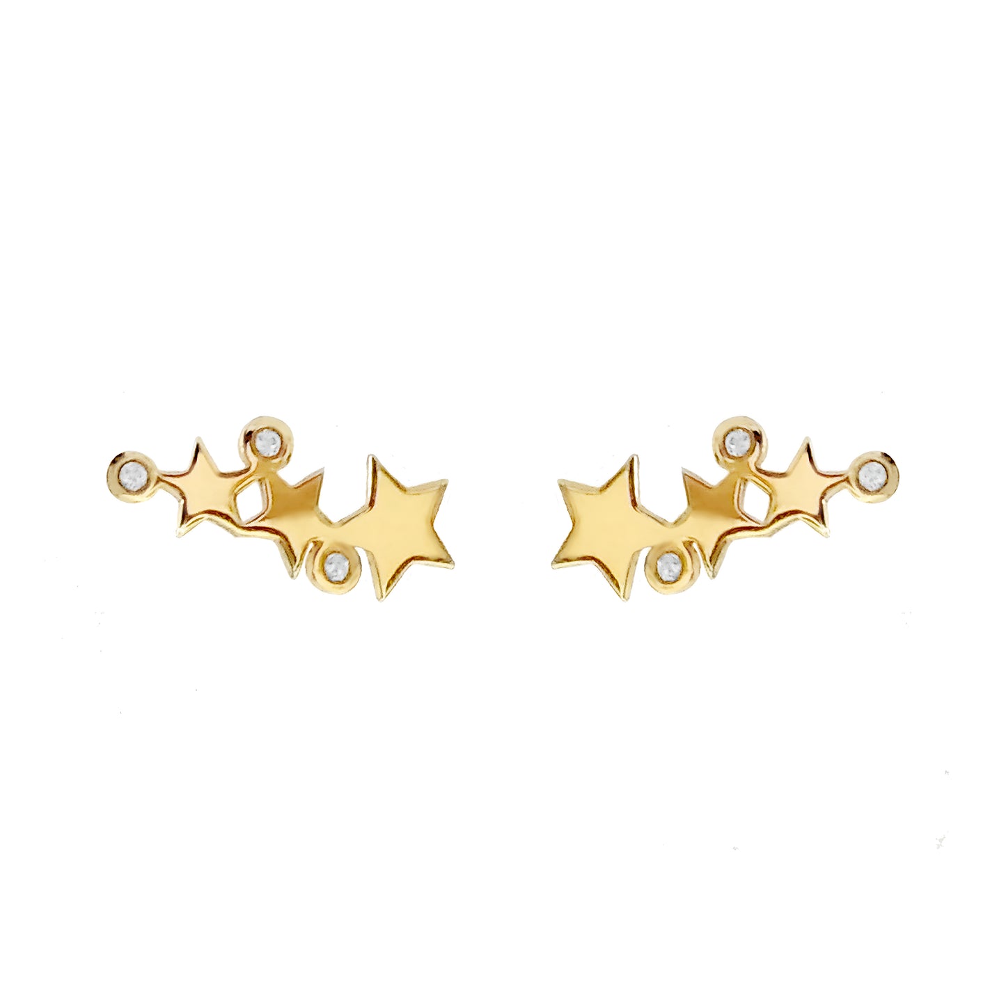 pair of solid yellow gold triple star climber earrings with three tiny diamonds