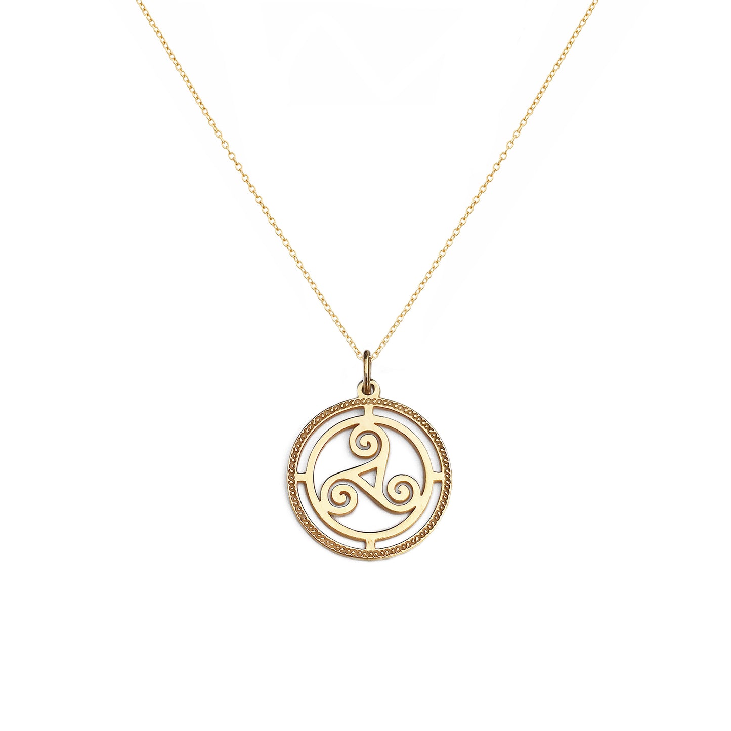 solid yellow gold necklace with a cutout triskelion celtic knot pendant and an engraved frame 16.5mm diameter