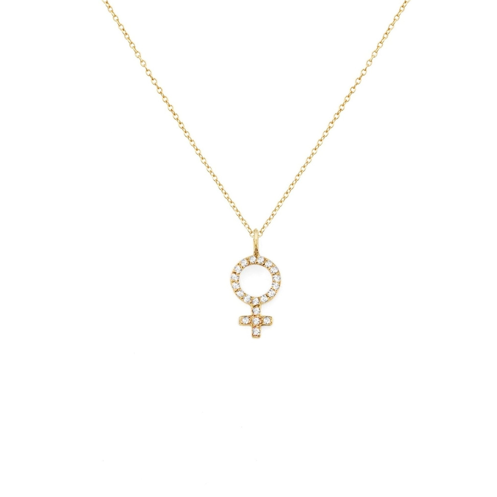 solid yellow gold necklace with a female venus symbol charm set with white diamonds