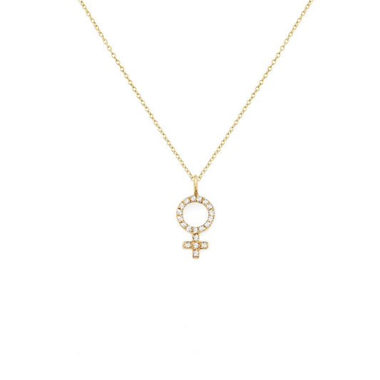 solid yellow gold necklace with a female venus symbol charm set with white diamonds