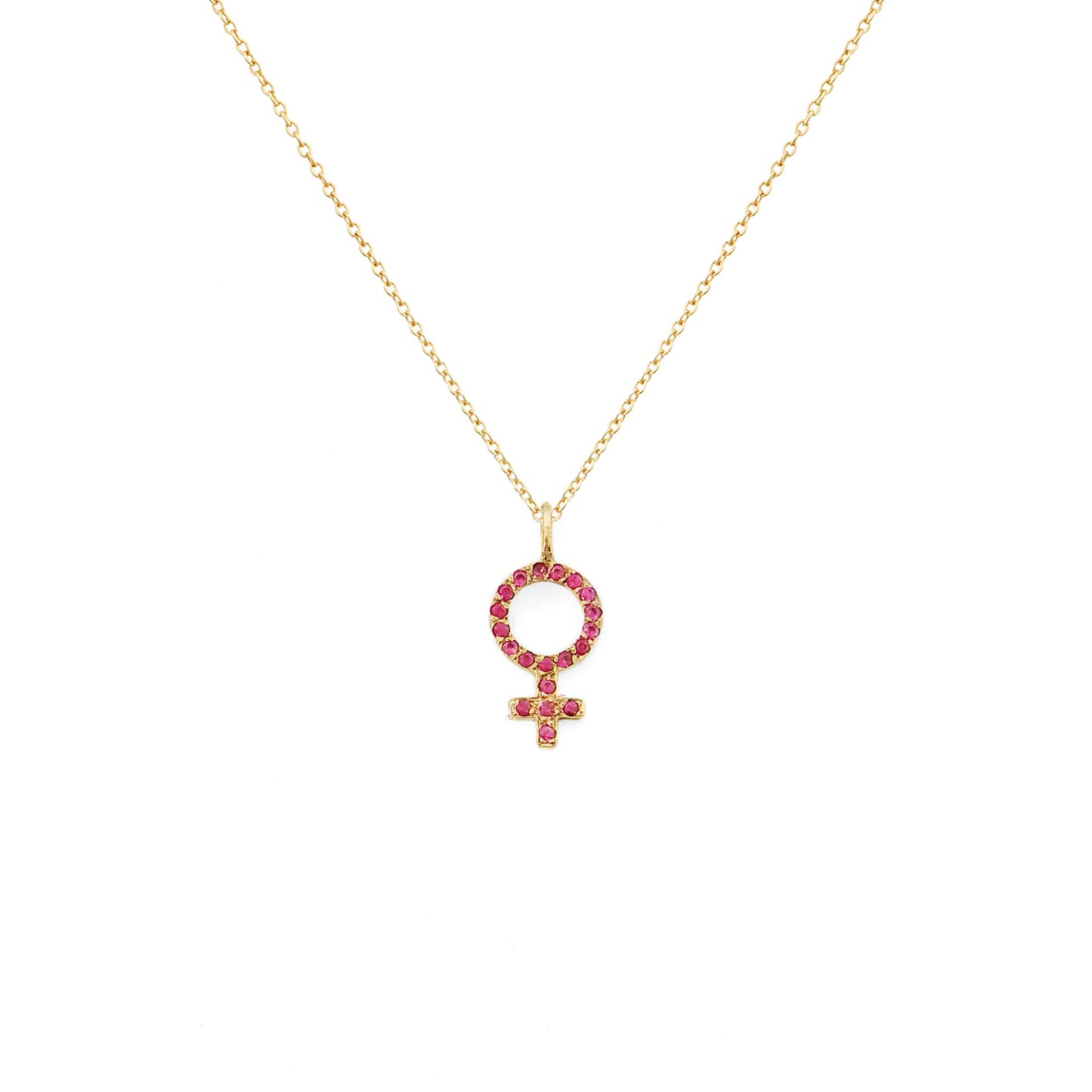 solid yellow gold necklace with a small venus female symbol pendant set with Rubies