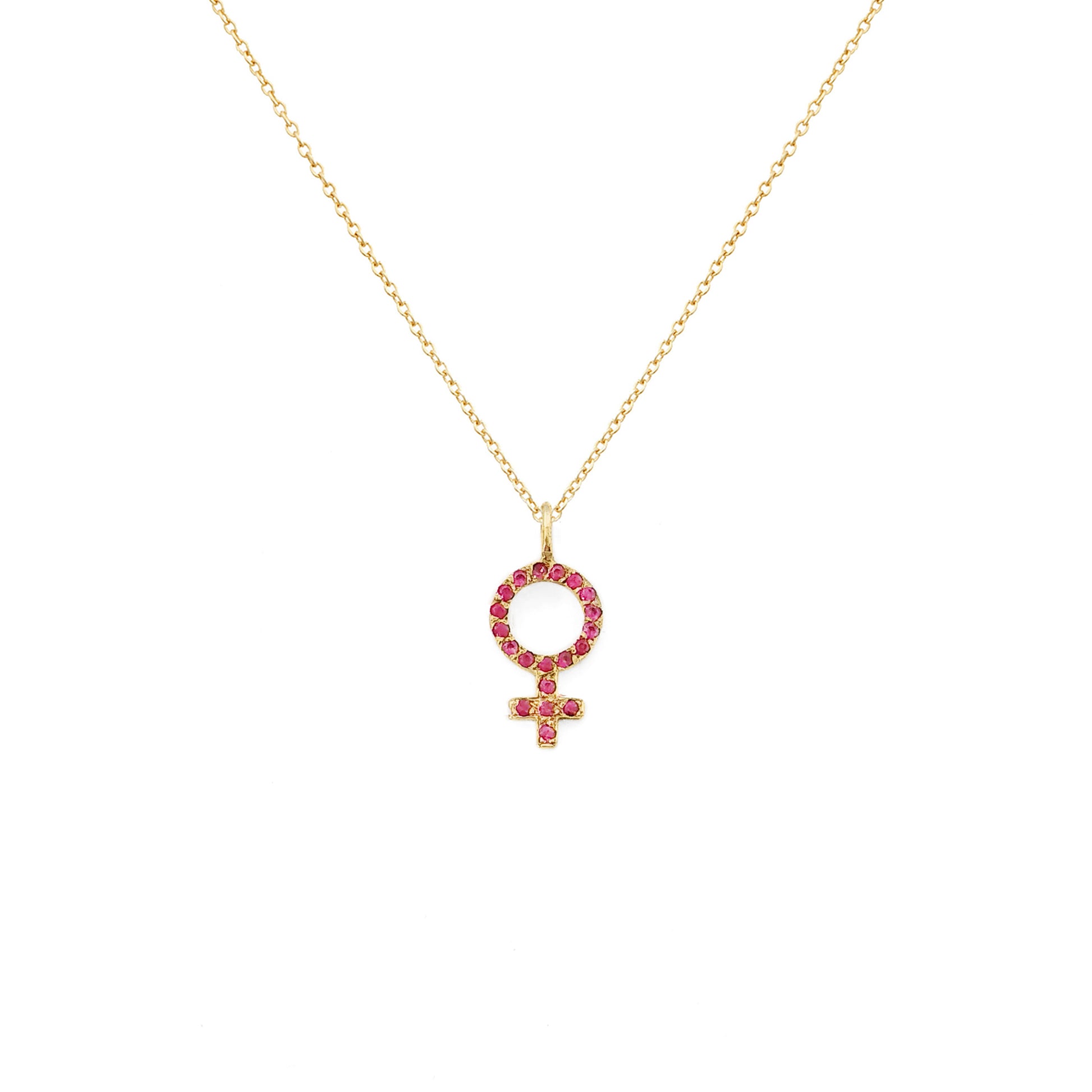 solid yellow gold necklace with a small venus female symbol pendant set with Rubies