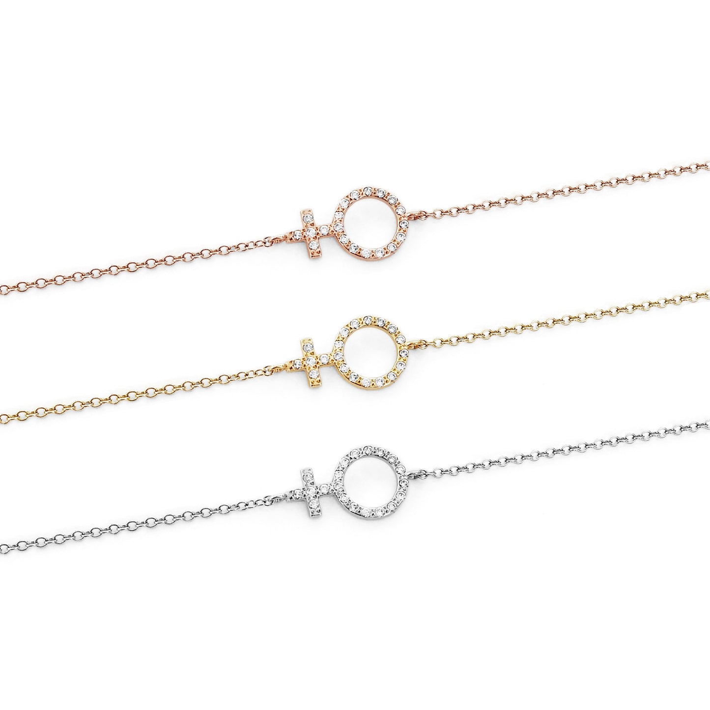 solid rose yellow and white gold bracelet with a venus female symbol charm set with tiny diamonds
