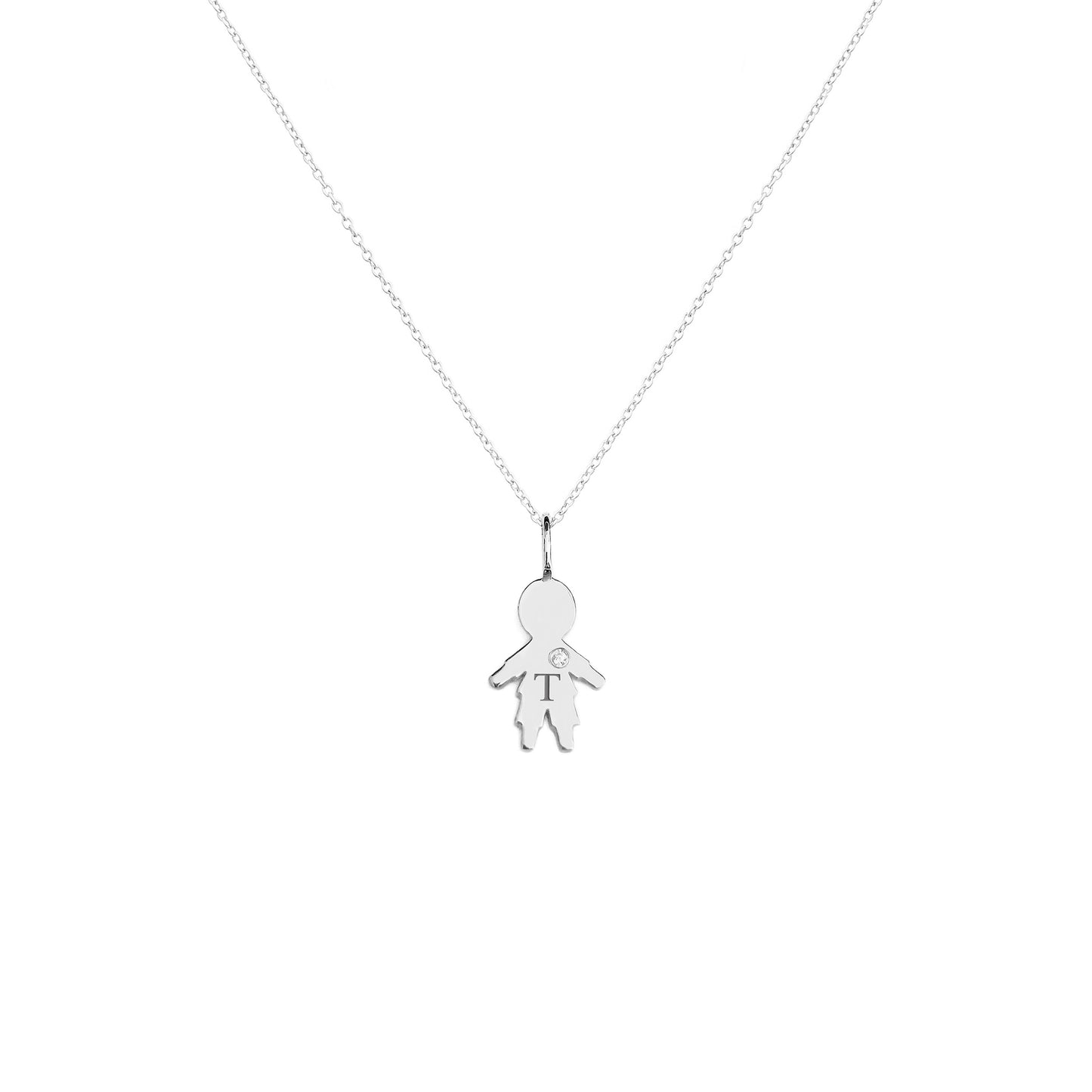 solid white gold necklace with tiny boy outline charm engraved with a monogram and set with tiny diamond