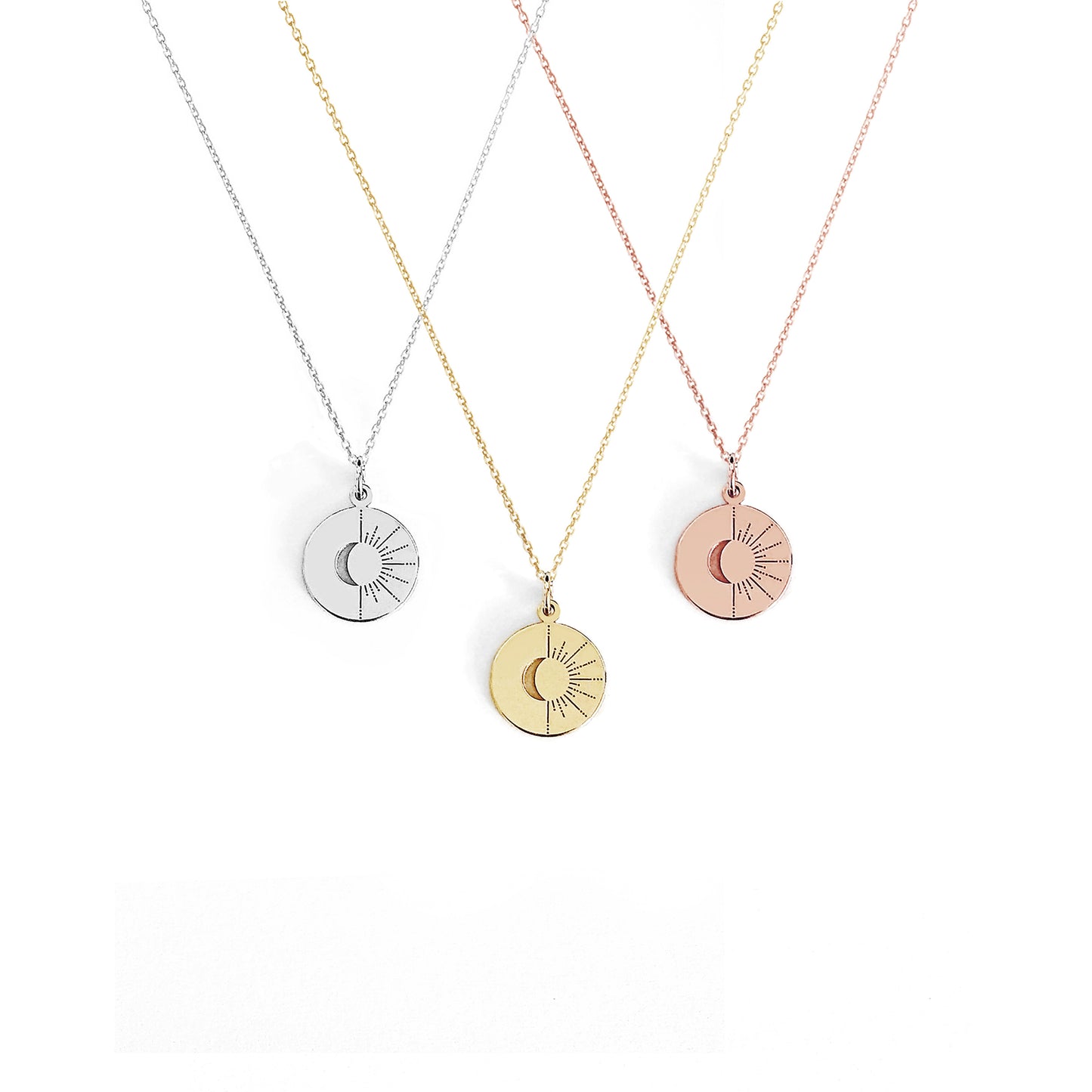 solid yellow white and rose gold disc pendant necklaces engraved with a crescent moon and sun rays
