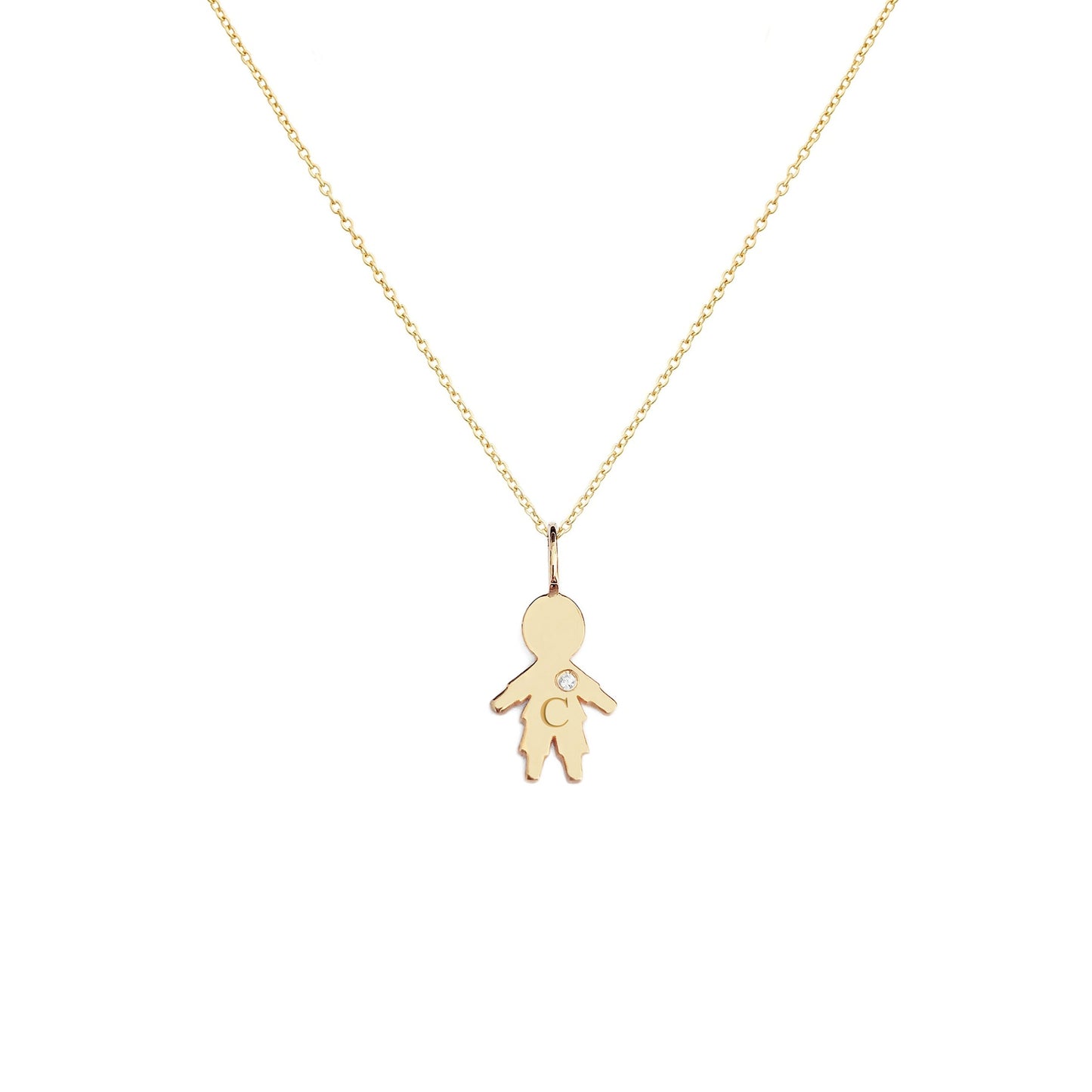 solid yellow gold necklace with tiny boy outline charm engraved with a monogram and set with tiny diamond