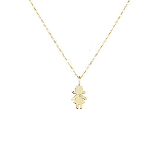 solid yellow gold necklace with tiny girl outline charm set with tiny diamond