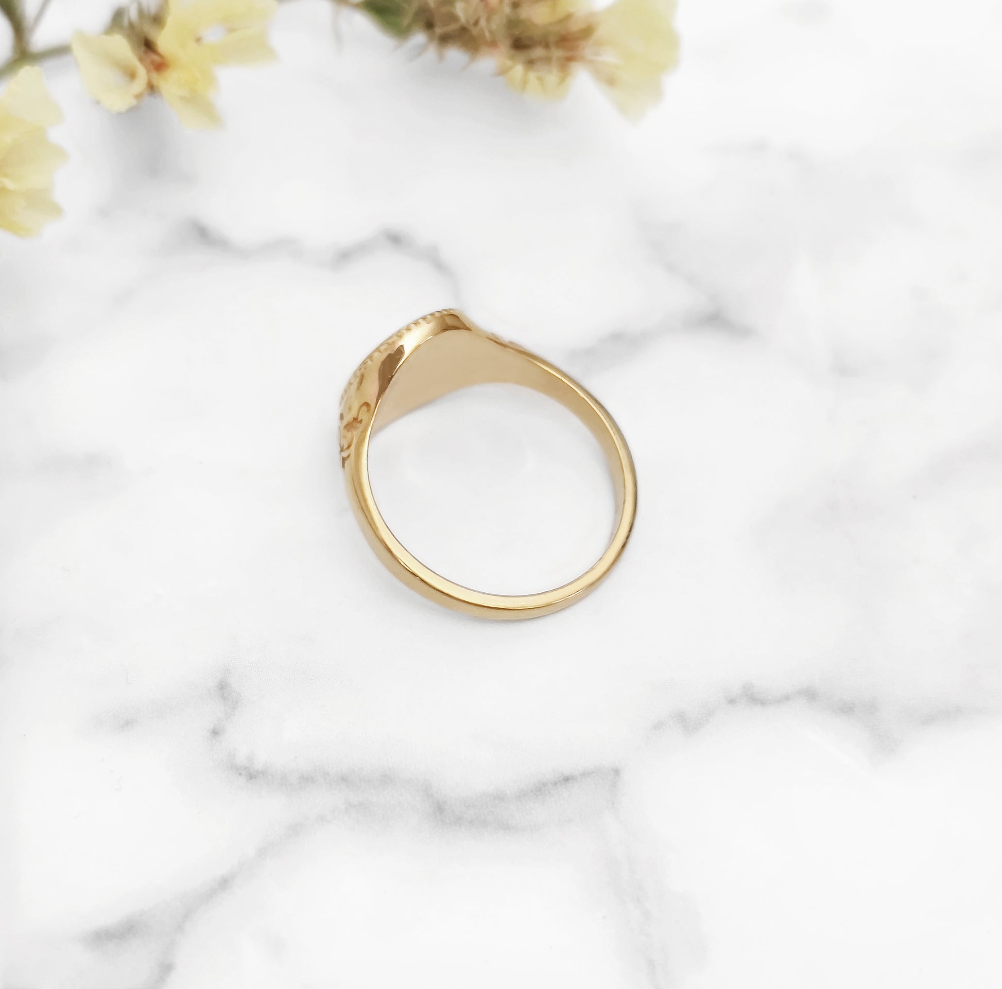 back view of solid yellow gold floral art nouveau signet ring