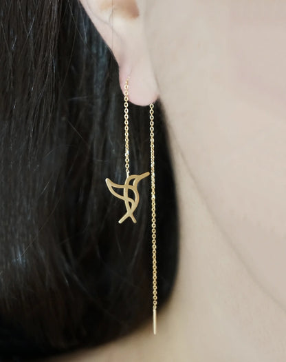 Female wearing yellow gold hummingbird threader pull through earrings