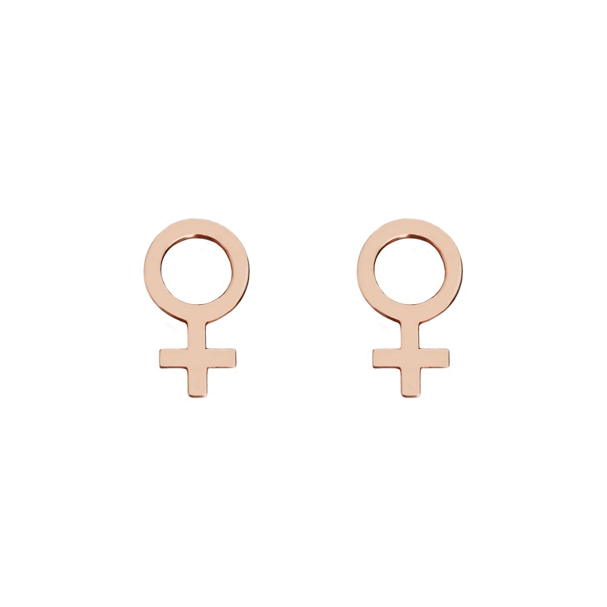 a pair of solid rose gold female/Venus symbol stud earrings