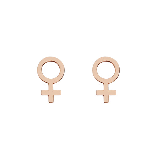 a pair of solid rose gold female/Venus symbol stud earrings
