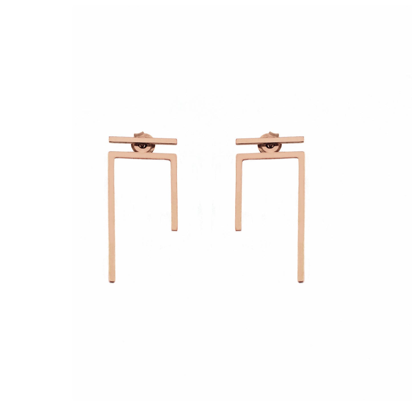 a pair of solid rose gold staple line jacket earring