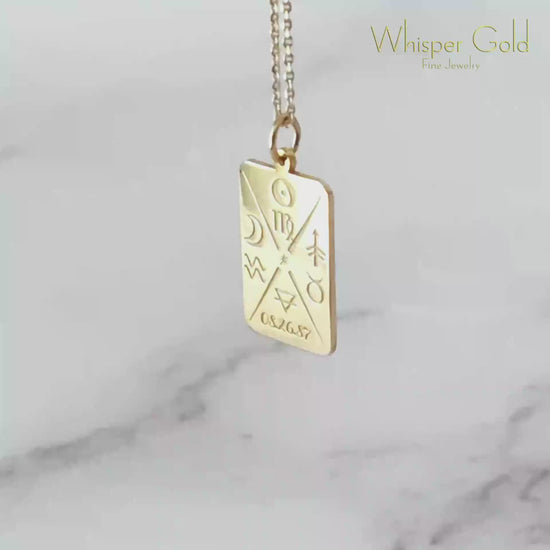 video of a solid yellow gold octagon pendant necklace personalized with natal chart zodiac signs of the sun the moon and ascendant, a birth date and an alchemy element