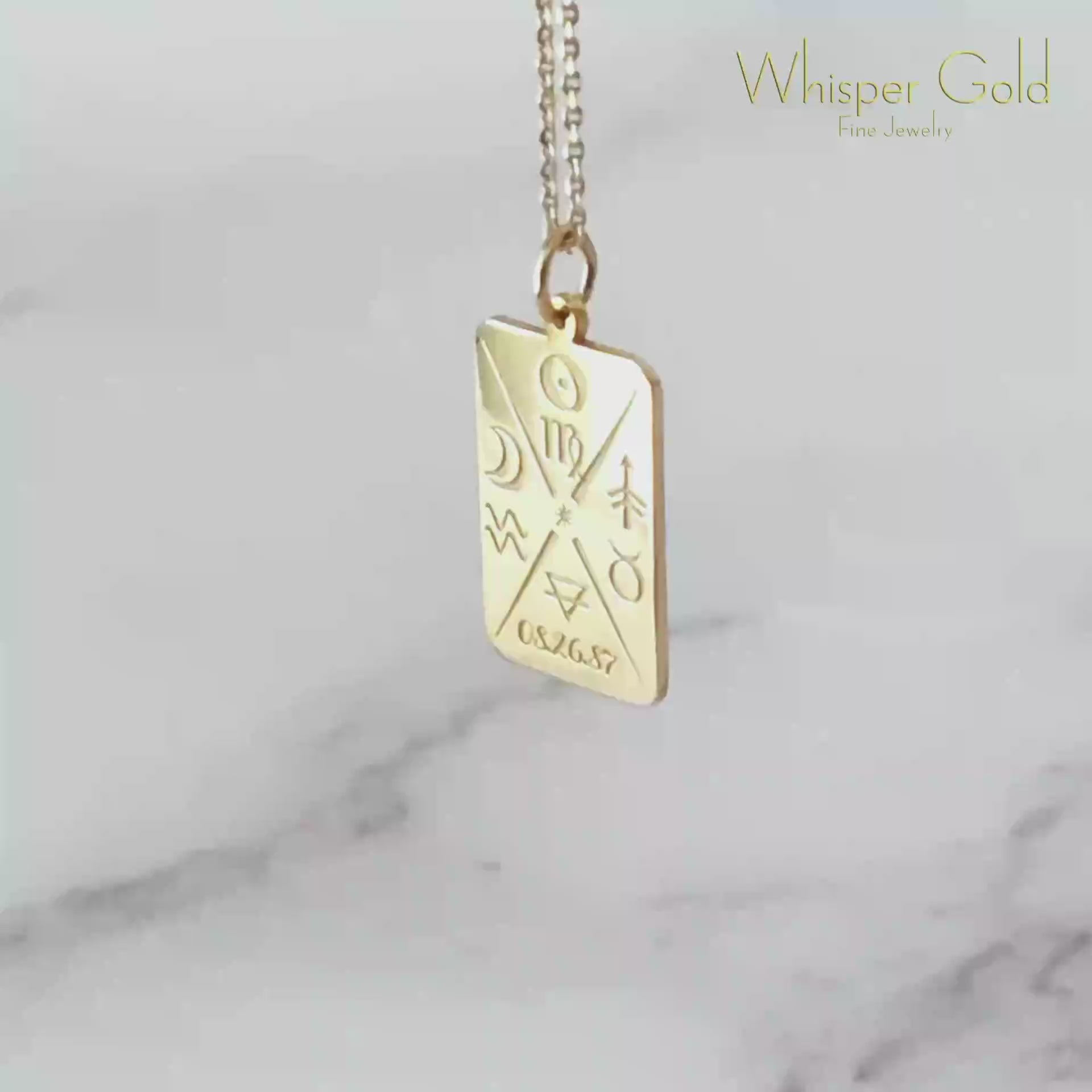 video of a solid yellow gold octagon pendant necklace personalized with natal chart zodiac signs of the sun the moon and ascendant, a birth date and an alchemy element