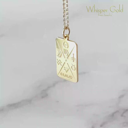video of a solid yellow gold octagon pendant necklace personalized with natal chart zodiac signs of the sun the moon and ascendant, a birth date and an alchemy element