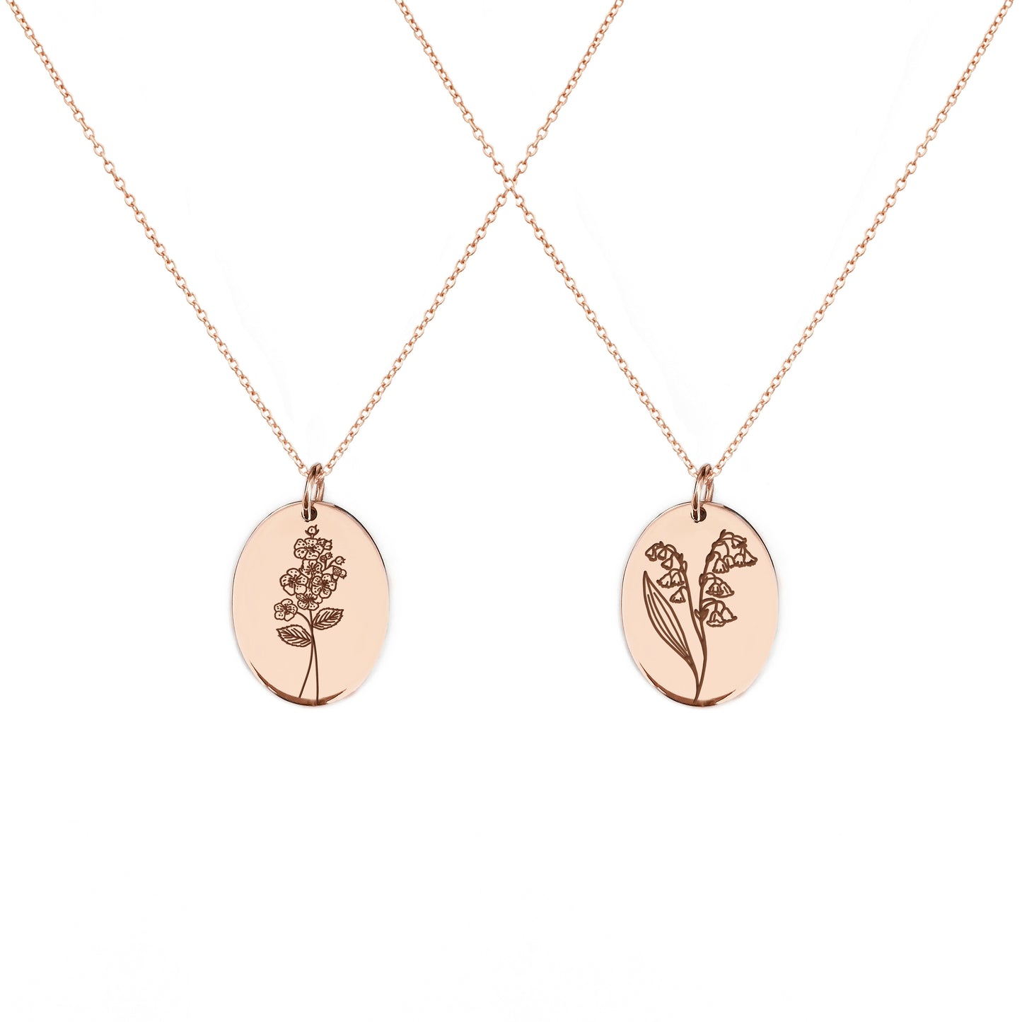 two solid rose gold oval pendant necklaces engraved with the birth flowers of May Hawthorn and Lily of the Valley