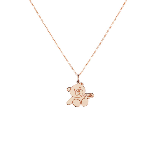 solid rose gold necklace with a teddy bear shaped pendant with open arms engraved with a baby's name