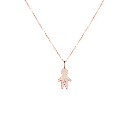 solid rose gold necklace with tiny boy outline charm engraved with a monogram and set with tiny diamond